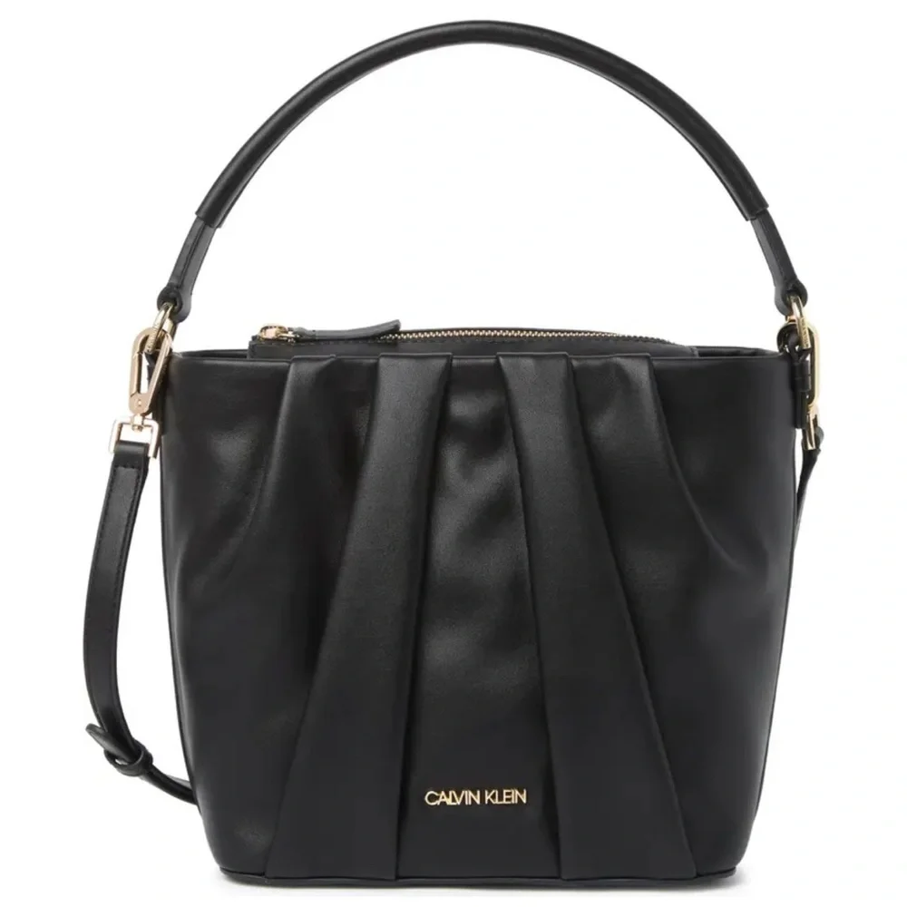 Calvin Klein NEW Myla Smooth PU Bucket Bag Black/Gold